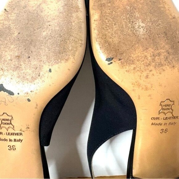 Bruno Magli Italy Black Leather Fabric Slingback Peep Toe Heels Shoes Size 6 - Picture 12 of 14